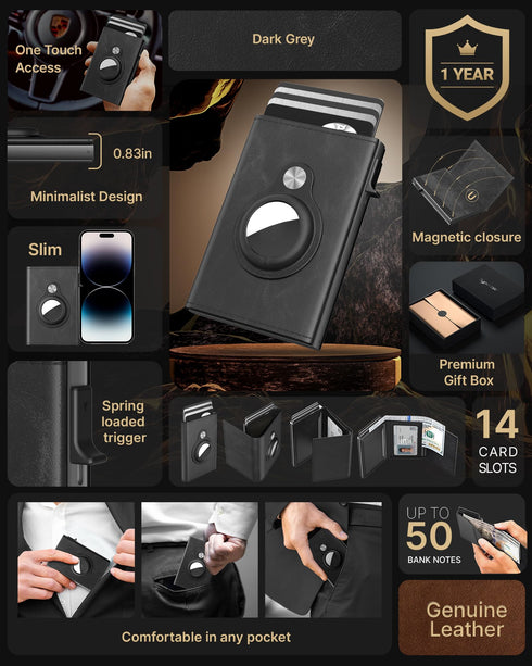 Typecase Mens Wallet Card Holder for Tracker: Leather Smart Wallet for Men Compatible with Apple Tracker, RFID Blocking, Slim, Minimalist - 9-14 Card Capacity | ID Window | Cash Slot